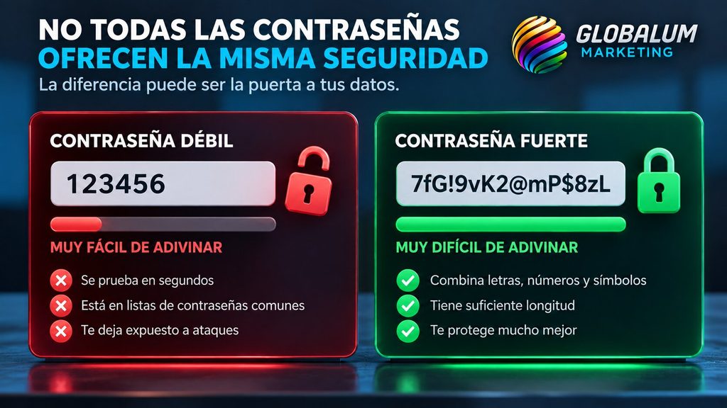 Comparación entre una contraseña débil y una contraseña fuerte