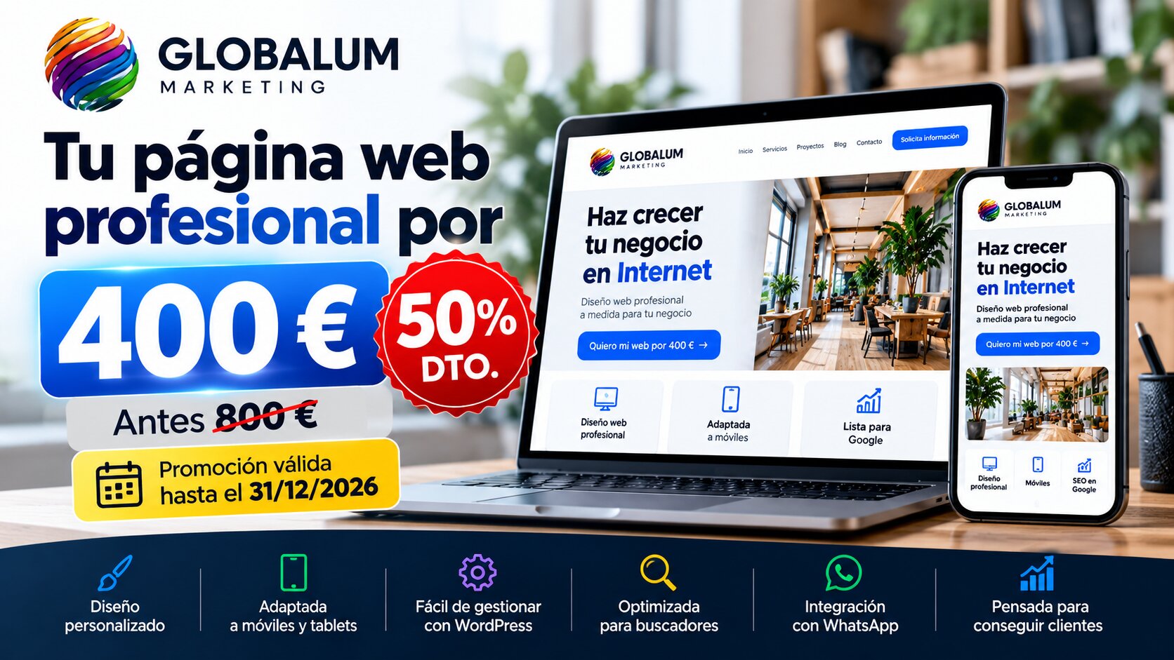 Página web profesional por 400 € - 50% de descuento | Globalum Marketing